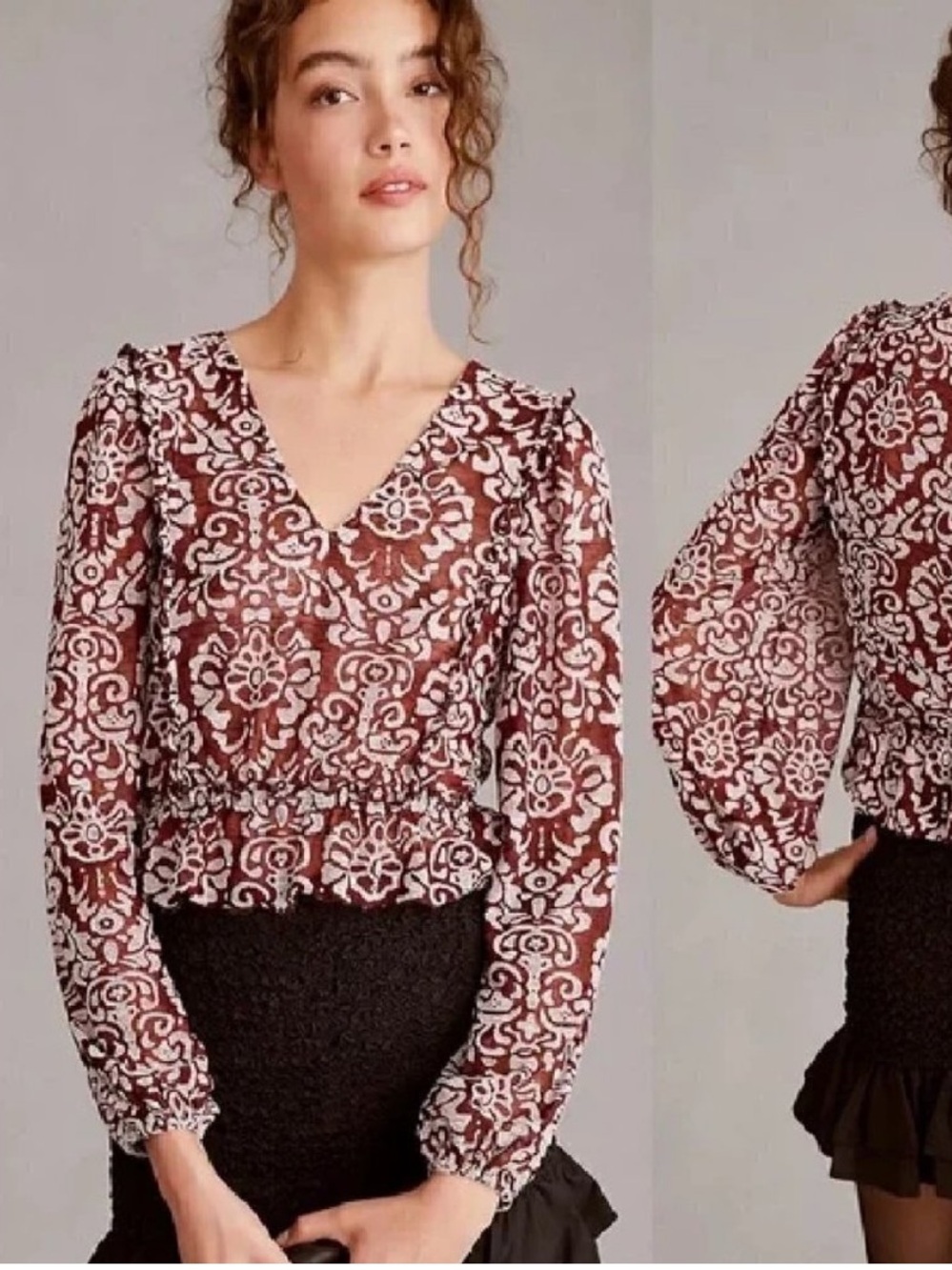 Anthropologie Burgandy and White Jacquard Peasant Blouse